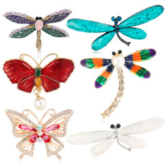 跨境歐美韓版新款誇張滴油鑲鑽彩色蜻蜓胸針合金珍珠昆蟲胸花水鑽