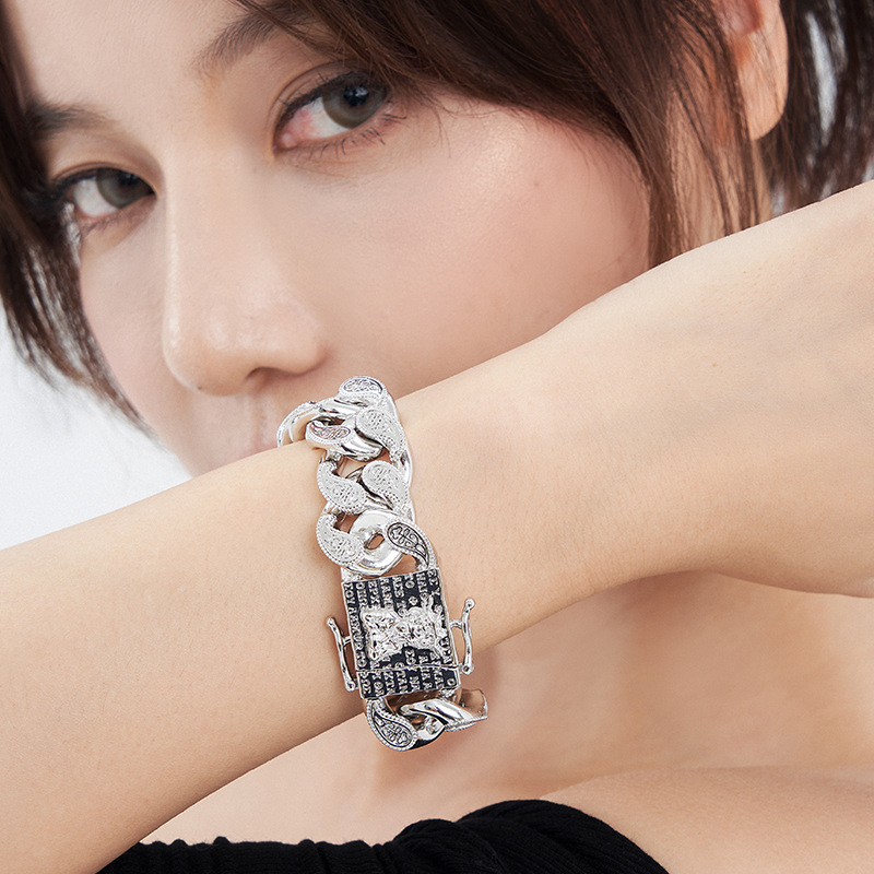 Copper Ferry Sterling Silver Cuban Chain Hip Hop Fashion Brand Cuban Bracelet Coarse Bar Tie Di Wear Bracelet Men's Bracelet