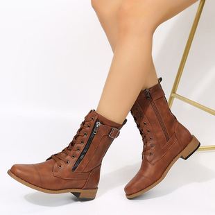 European and American Foreign Trade 2021 New Round Toe Martin Boots Women's Thick Heel Lace-up Solid Color Women's Low Barrel Women's Martin Boots