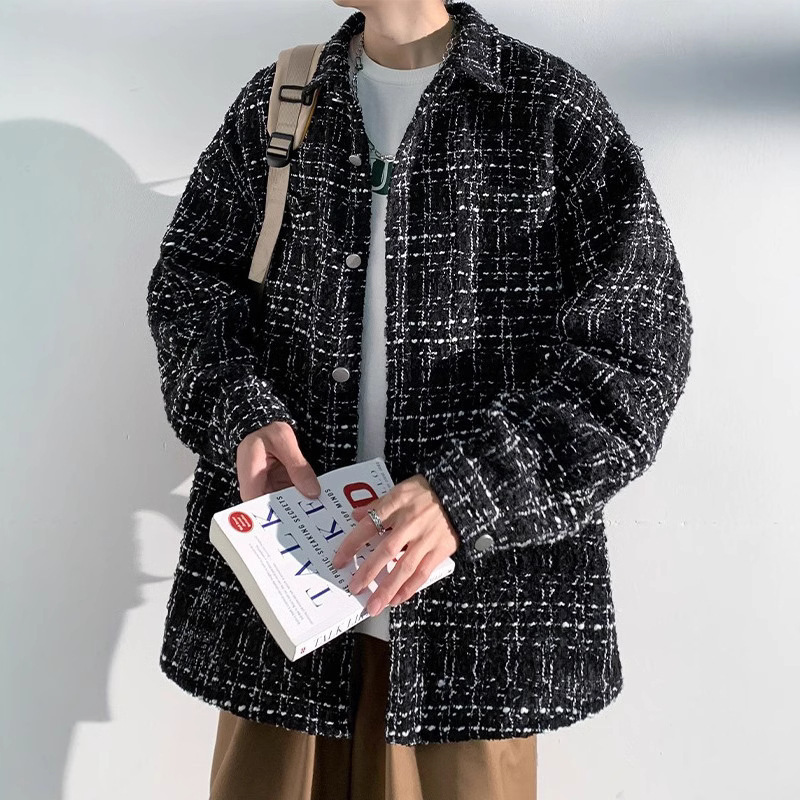 Tweed Chanel Style Plaid Jacket Men's Spring and Autumn Winter High-end Sense Loose Casual Boys Lasel Jacket