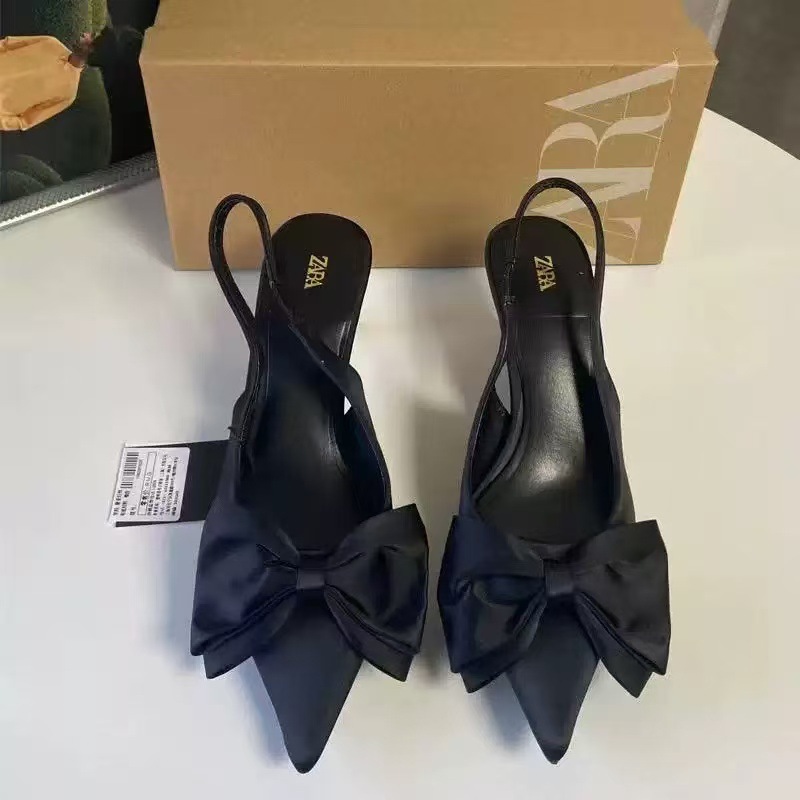 ZA新品2024春季低跟女鞋黑色细跟尖头浅口蝴蝶结饰露跟时装凉鞋女