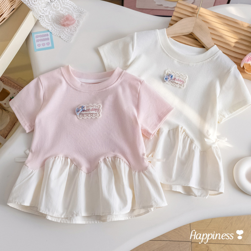 Girls' Summer Tops, Korean Style, Stylish Lace Patchwork Embroidered Short-Sleeved T-Shirts, Baby Girl's Summer Clothes, Stylish Clothes Girls' Summer Tops, Korean Style, Stylish Lace Patchwork Embroidered Short-Sleeved T-Shirts, Baby Girl's Summer Clothes, Stylish Clothes