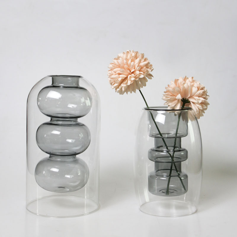 Jarrón de Vidrio Transparente de Doble Capa, Estilo Nórdico, Simple, Creativo, para Decoración de Sala de Estar, Personalizado, para Flores Hidropónicas, Estilo Ligero y Lujoso