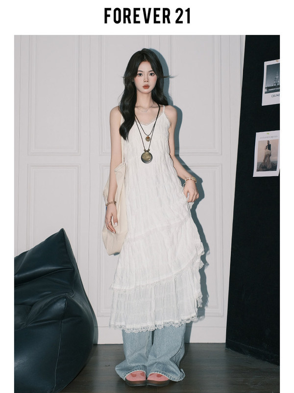 Forever 21 white lace camisole dress for women, A-line layered beach dress, ins resort style cake long dress Forever 21 white lace camisole dress for women, A-line layered beach dress, ins resort style cake long dress
