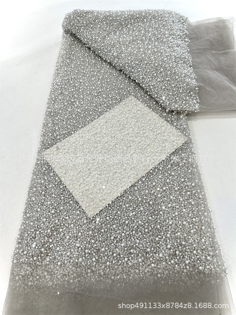 Tejido de perlas de alta densidad, tejido bordado de tubo de perlas, vestido de boda, moda, tela de cena, stock transfronterizo