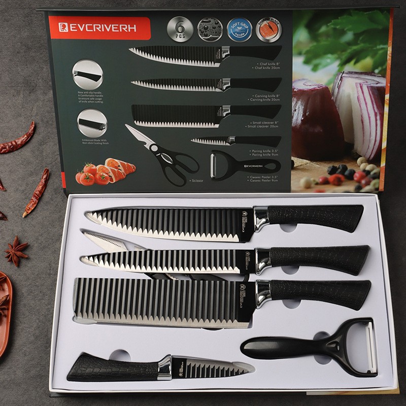 Onda negra 238A cuchillos de seis piezas ondulados caja de regalo cuchillos de cocina de acero inoxidable conjunto de cuchillos al por mayor
