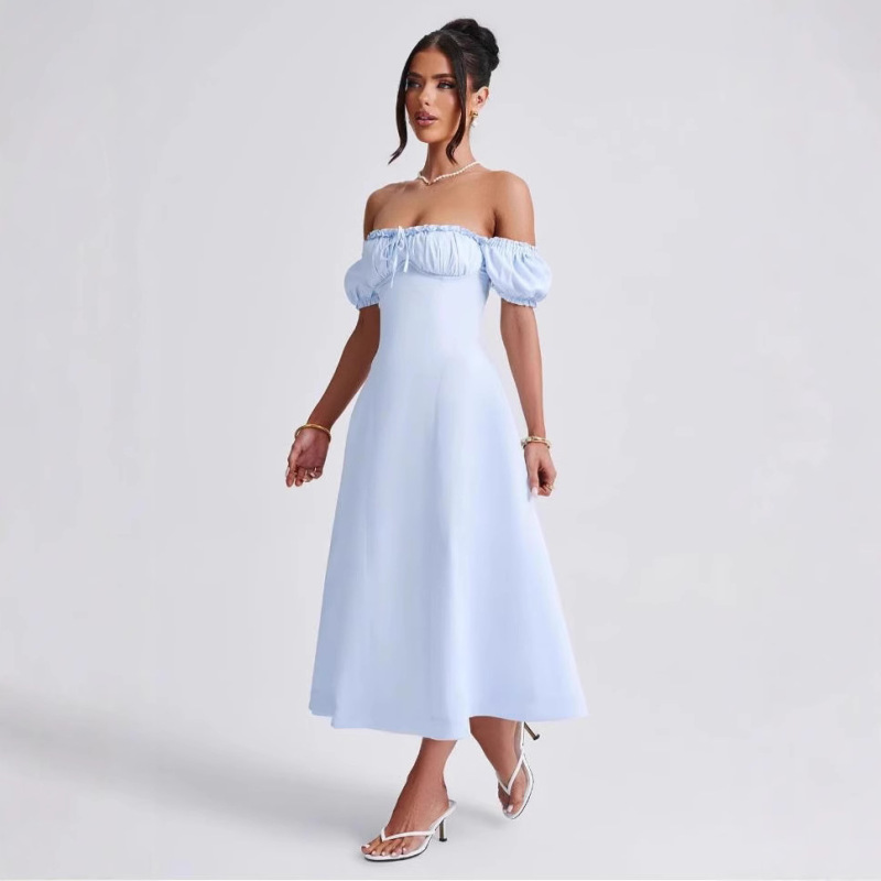 Babyboo French One-Shoulder Bow Puff Sleeves High-Waisted Pure Color Summer Back Strap Elegant Mid-Length Skirt