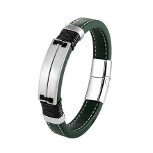 跨境热卖欧美朋克风双排光面不锈钢男士手镯魅力绿色宽皮绳手链