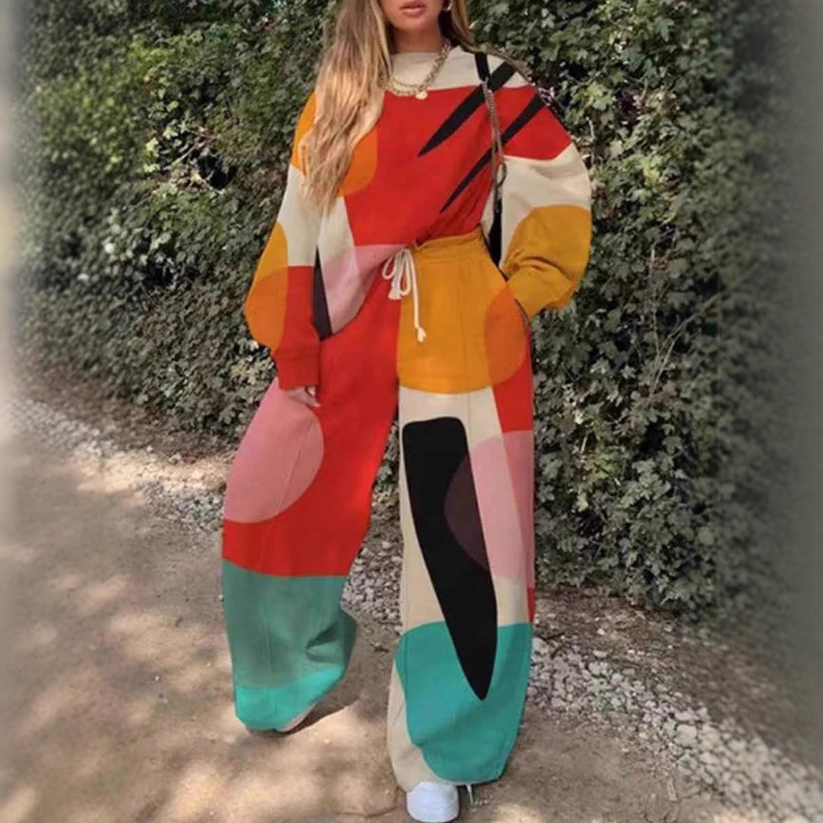 European and American Cross-Border Autumn and Winter New 3D Printed Fashion Round Neck Sweatshirt Sweatshirt Casual Suit Women's Wide-Leg Pants Color Matching