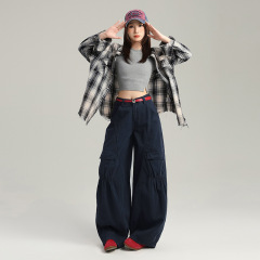 2025新款美式辣妹军绿色复古工装牛仔裤女夏薄款宽松显瘦直筒阔腿