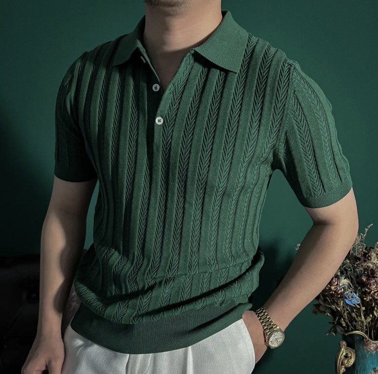 Polo camiseta de punto camiseta de manga corta hombre hueso de pescado estampado antiguo viento delgado camiseta de hielo seda de verano fábrica transfronteriza al por mayor