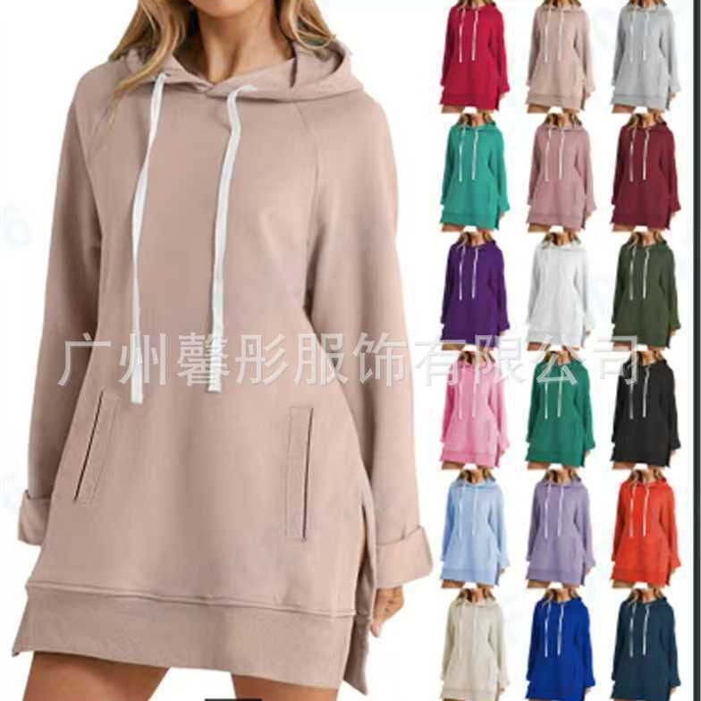 2025 Pure Color Autumn and Winter Hooded Flap Pocket Pants Slit Fleece-Lined Long Women's Sweatshirt