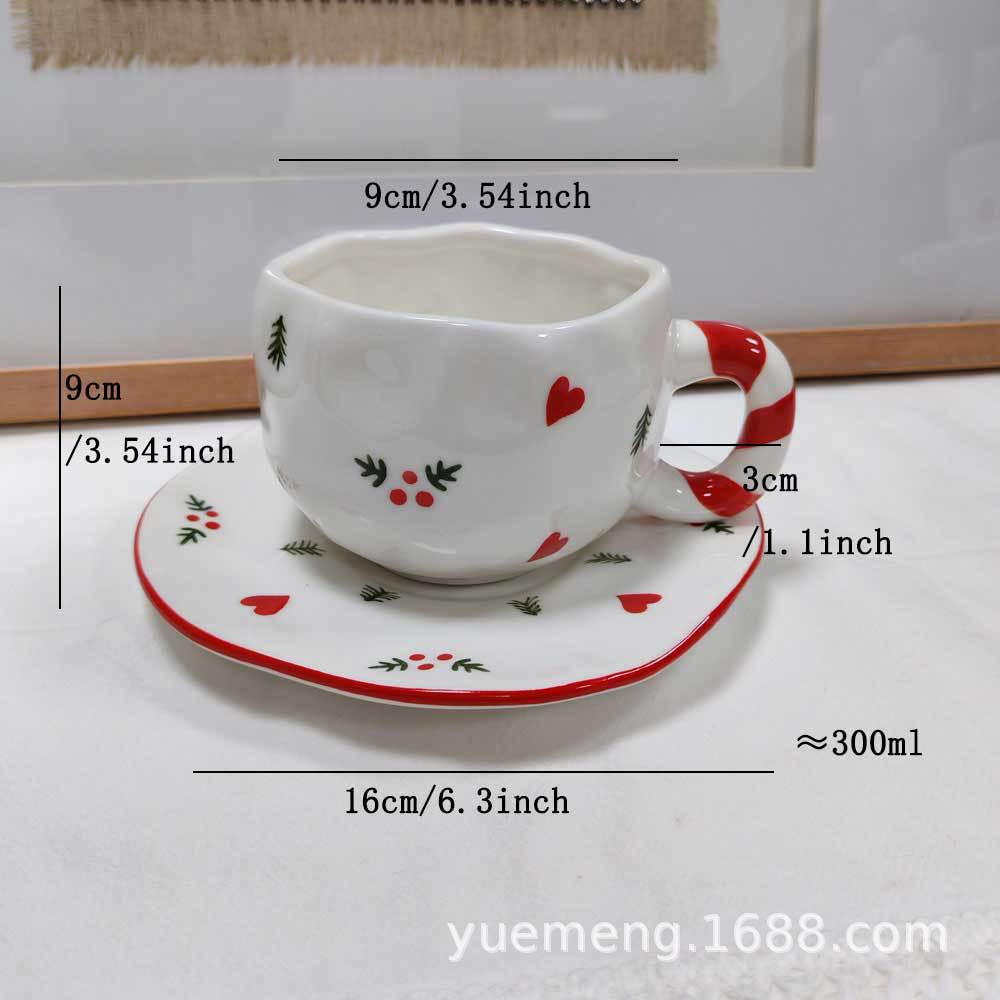 Taza de café de cerámica navideña irregular, linda taza con diseño de flores y corazones pintados a mano, juego de taza y platillo para té de la tarde