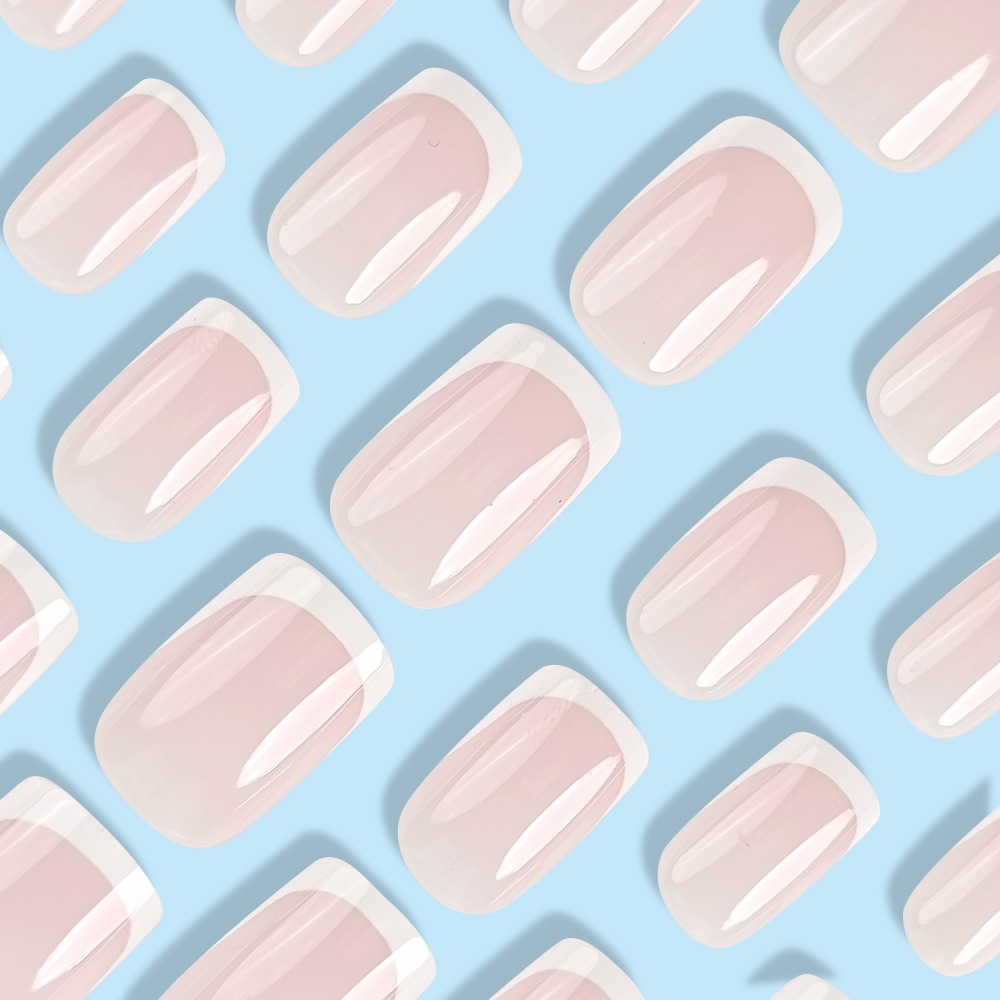 Ventas transfronterizas en polvo desnudo bordes blancos manicuras francesas temperamento suave usar uñas de cabeza plana 24 piezas de parche de uñas image 4