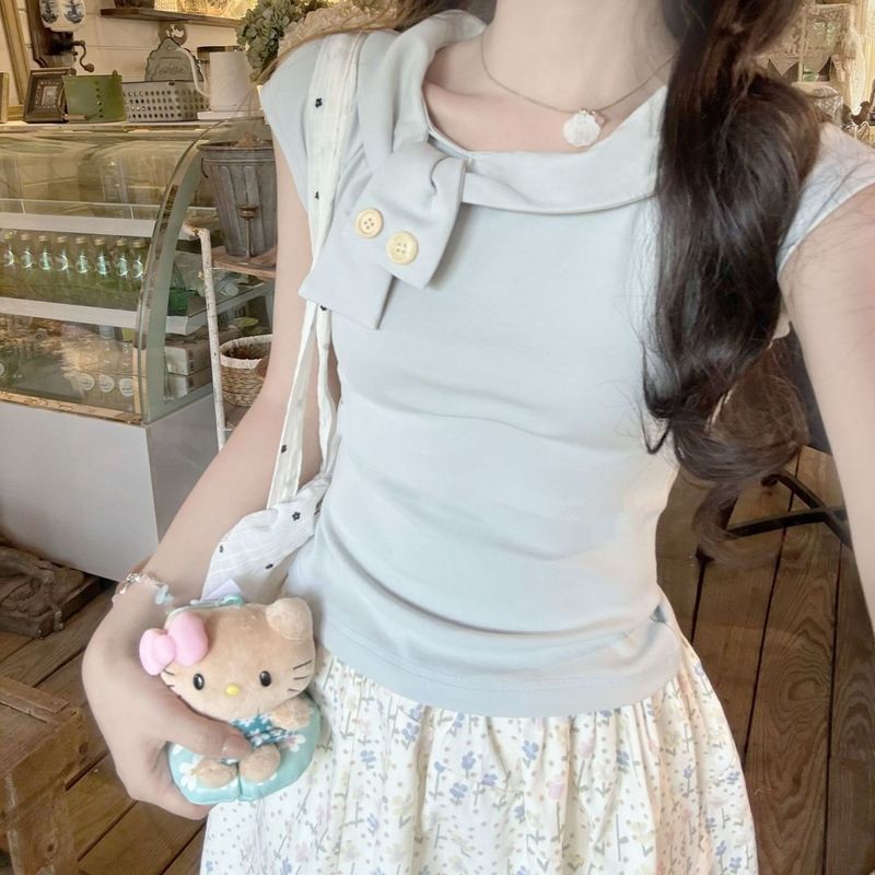 蝴蝶结短袖t恤女2025夏季新款甜美修身显瘦设计感小众百搭上衣服|undefined