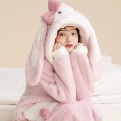 2025秋冬 長耳ウサギ コーラルフリース パジャマ ロング丈 ネグリジェ ホームウェア 工場直販