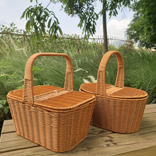 藤编带盖野餐篮网红手提篮购物篮田园郊游花篮采摘篮道具收纳篮