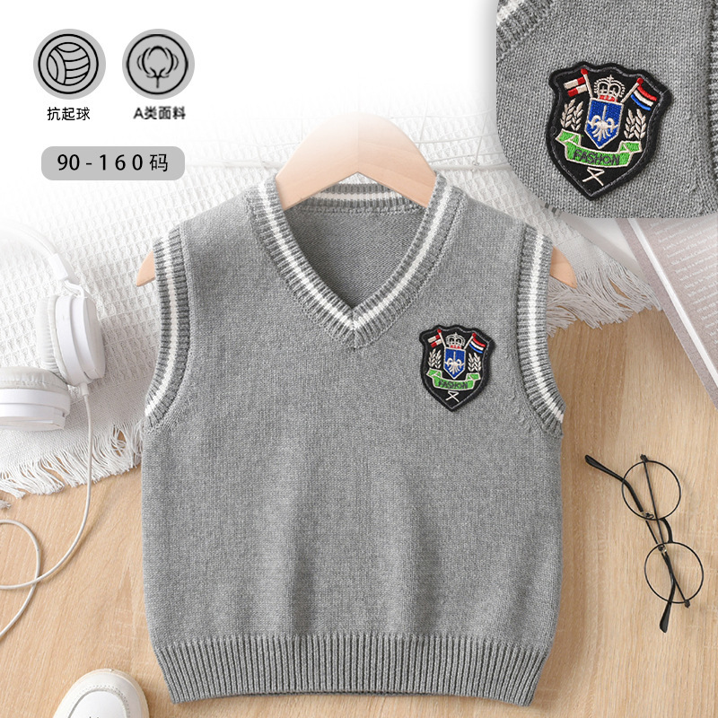 Children's pure cotton knitted vest for spring and autumn, school-style uniform for older children, boys' and girls' V-neck woolen vest for toddlers