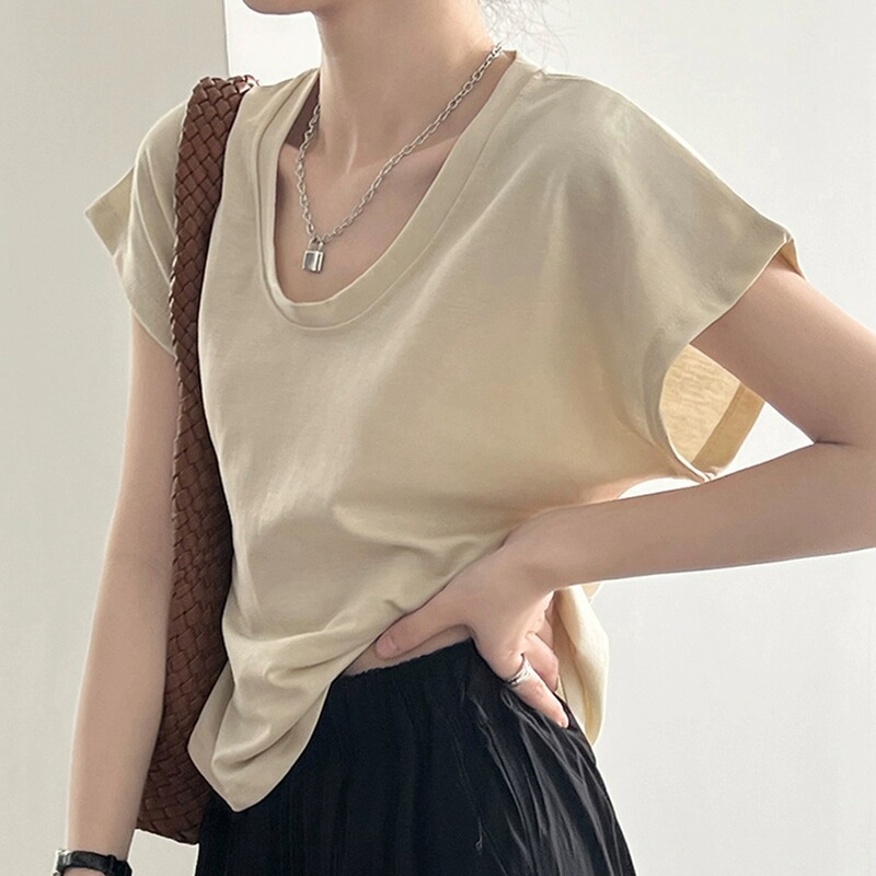 One-piece large U-collar collarbone T-shirt women's small flying sleeve top summer simple French lazy thin design short sleeve