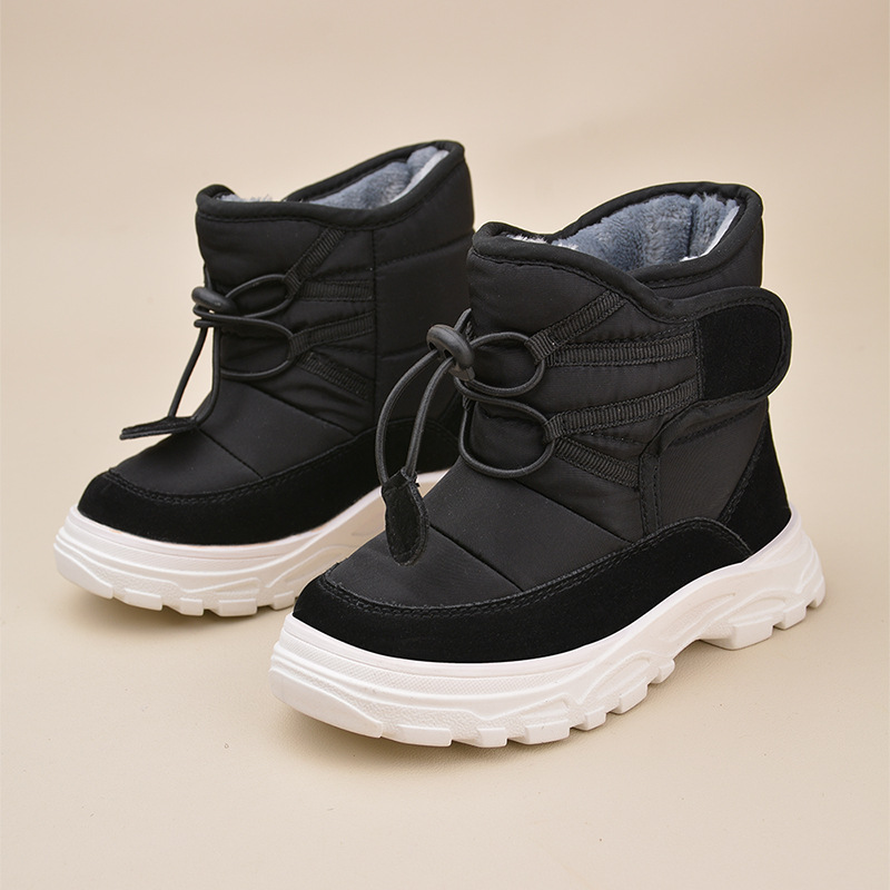 Botas de nieve cálidas para niños de invierno de comercio exterior, zapatos de algodón de suela suave con Velcro ancho de estilo coreano, botas de algodón negras con forro polar para bebé
