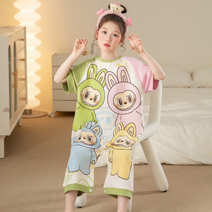 Girls' One-Piece Pajamas, Pure Cotton Short-Sleeved Thin Summer Air-Conditioned Clothes for Middle and Large Children, Cute Anti-Kick Quilt Home Clothes for Children