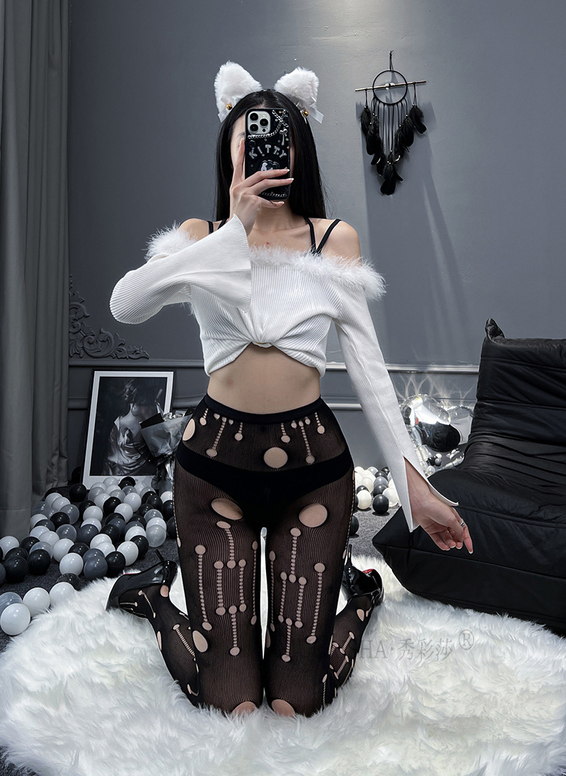 Open-Crotch Lace Stockings with Fake Suspenders, One-Piece Sheer Black Hosiery — detail image 3