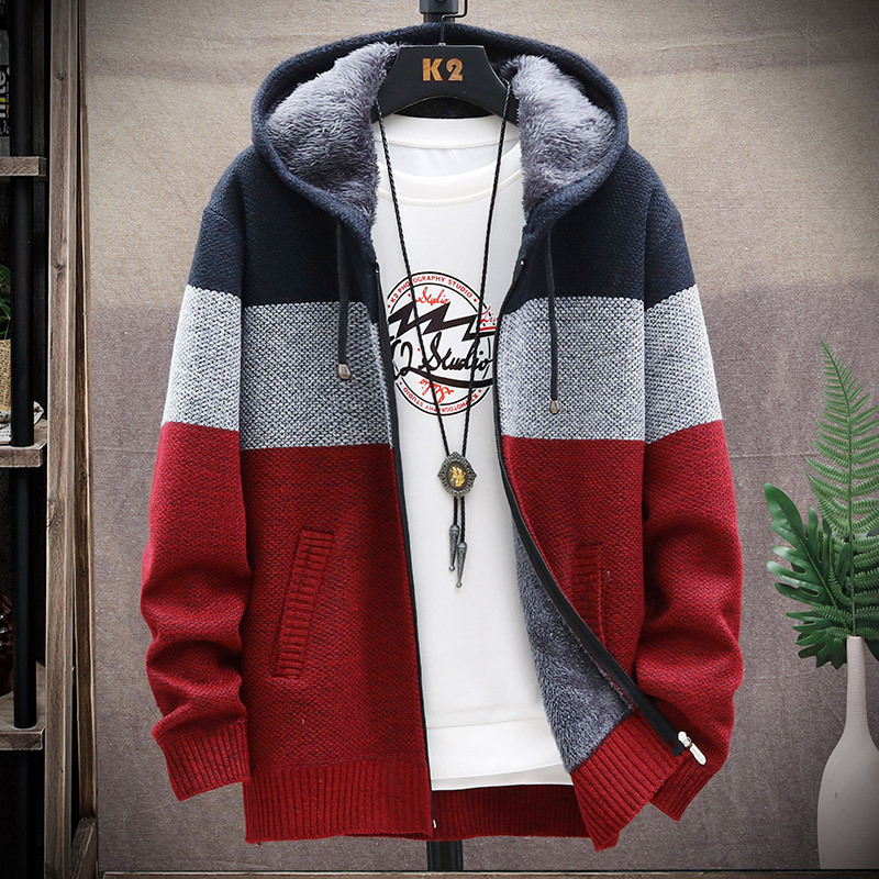 23 Spring and Autumn new men's gradient plus velvet padded sweater large size coat fashion color matching sweater striped cardigan
