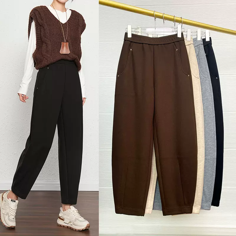 绵羊毛哈伦裤女春秋装宽松大码洋气欧版小个子九分香蕉毛呢裤子潮