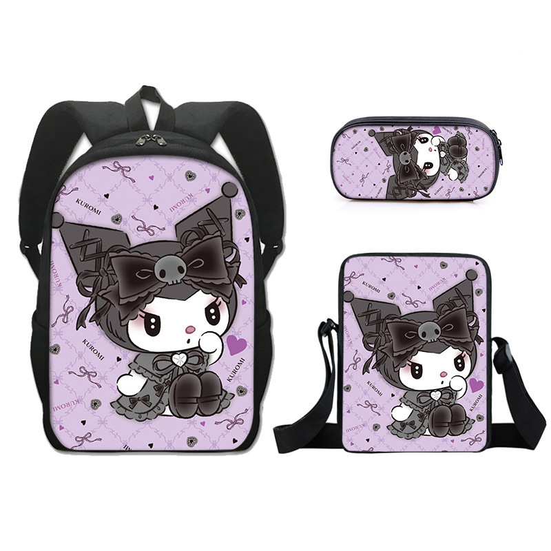 Promotion New Sanrio Kuromi Kuromi Schoolbag Student Shoulder Bag Three-piece Pencil Case Small Satchel Book