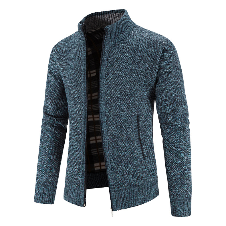 Hombres forrados de lana engrosada cuello de pie cardigan suéter comercio exterior juventud color sólido simple delgado suéter cálido abrigo de moda