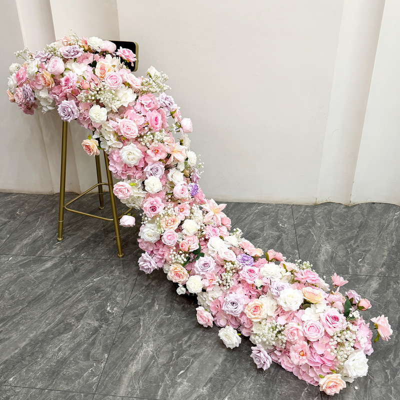 クロスボーダーバーガンディ結婚式の背景の壁の装飾花列アーチ花ウィンドウショールームテーブルフラワーロング列花偽ロングストリップ花|undefined