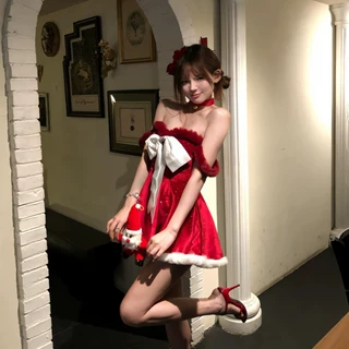 圣诞晚会最靓少女*圣诞夜宴*原创大蝴蝶结抹胸红色闪闪彭彭公主裙