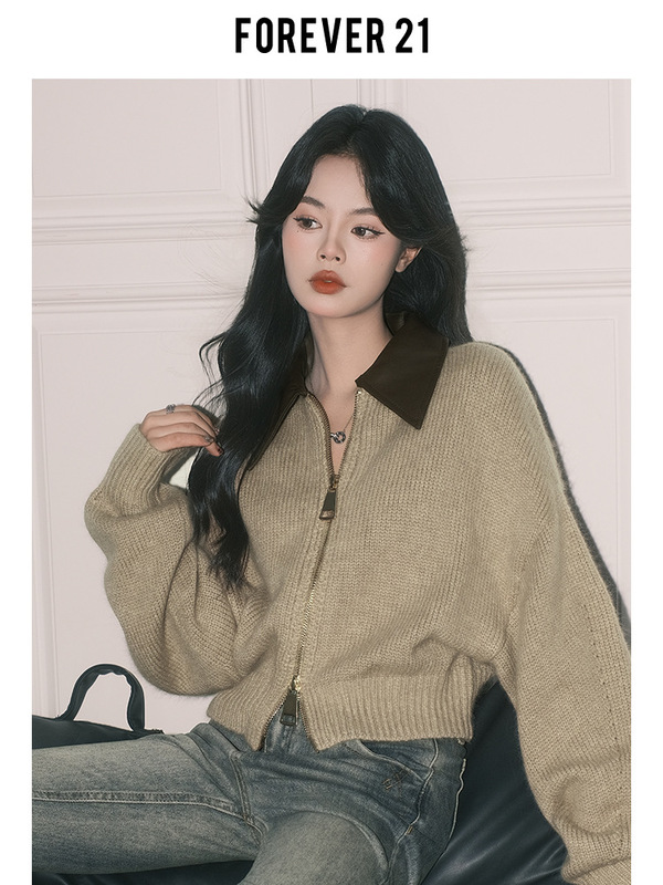 Forever21慵懒卡其色翻领针织开衫上衣女ins宽松软糯休闲毛衣外套|undefined