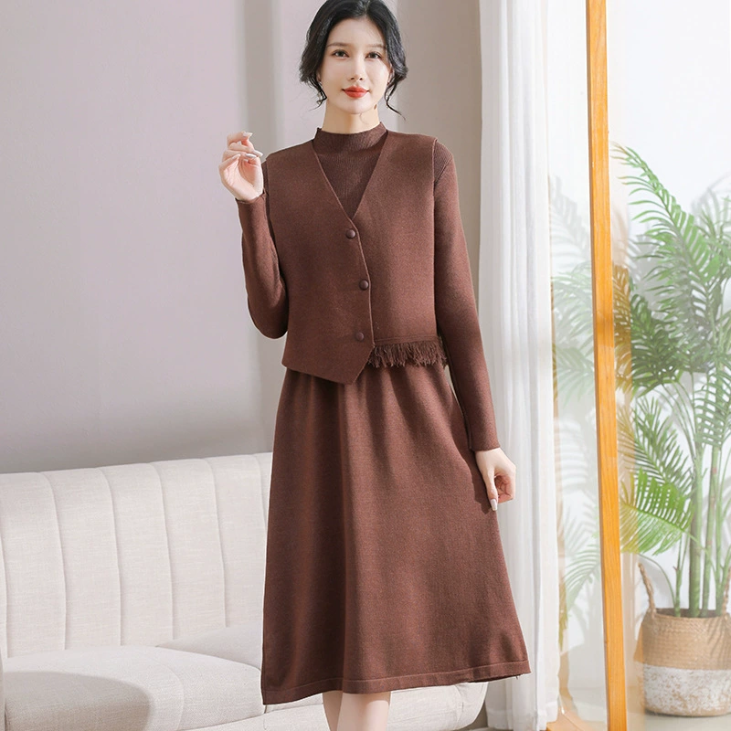 Женское осенне-зимнее платье в западном стиле, Женский трикотажный костюм из двух частей, Внутренняя юбка средней длины + жилет, модная женская юбка