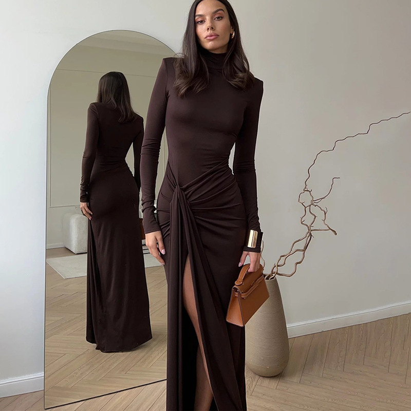 Cross-border European and American Autumn and Winter Fashion Women's High Collar Long Sleeve Stitching Strap Waist Slim-fit Elegant Solid Color dress Women