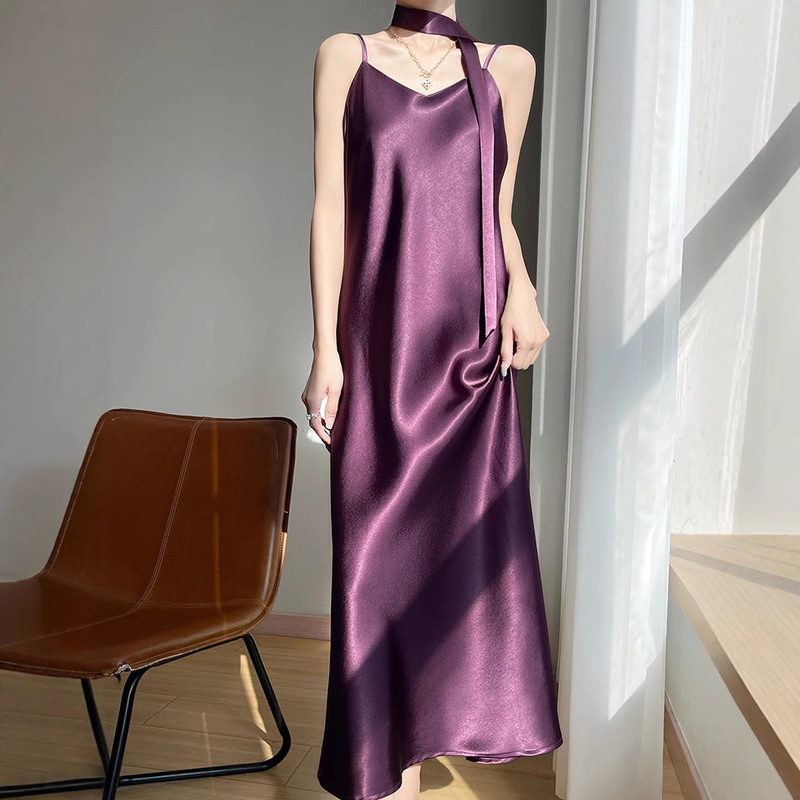 Gilt Satin V Neck Suspender Dress for Women 2025 Summer New Sexy Sleeveless Pure Color Inner Long Skirt