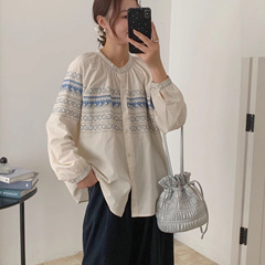 文艺清新民族风重工刺绣棉长袖衬衫女小众宽松衬衣百搭显瘦上衣