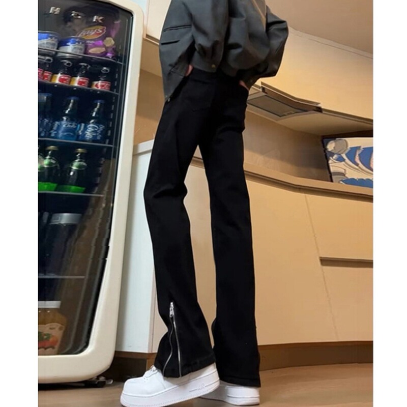 Black Side Zipper American Jeans Men's Spring and Autumn New High Street Retro Slim Slim Straight Micro-Flared Pants