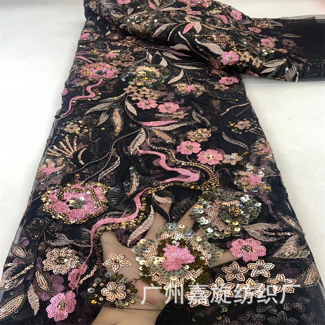 Tejido de bordado de cuentas pesadas tridimensional laminado bordado malla de encaje sequinado vestido diseñador tela