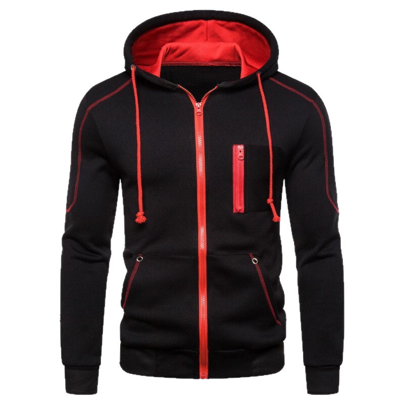 Popular foreign trade men's color-block full-zip hoodie with drawstring hood and zipper pockets, men's clothing in stock