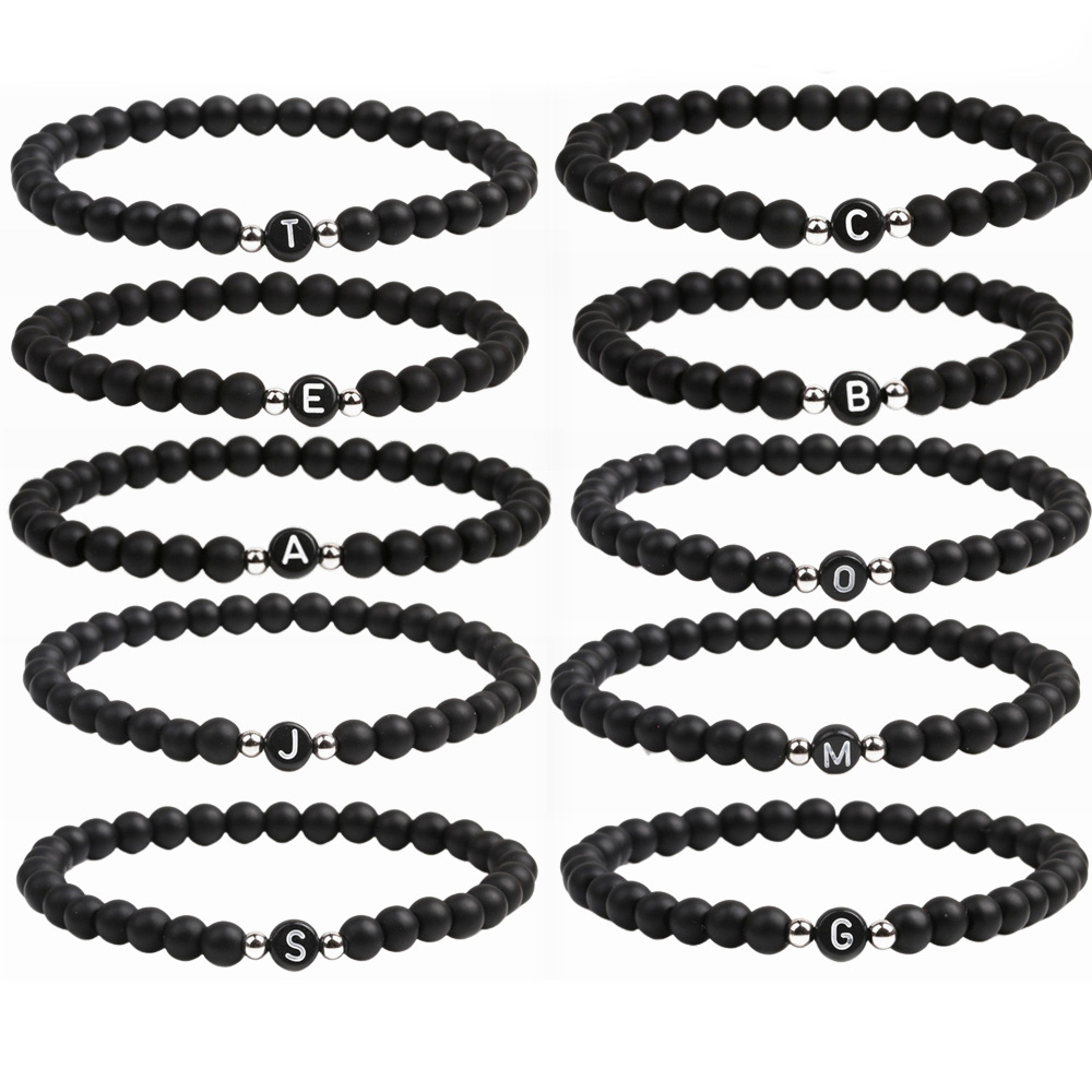 Comercio exterior transfronterizo Amazon 6mm negro esmerilado piedra pulsera europeo y americano 26 letras inglesas pulsera con cuentas fabricante