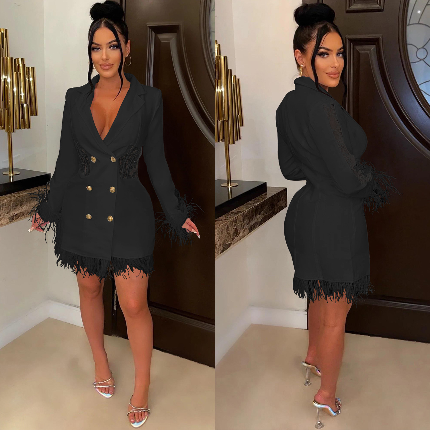 X6161 transfronterizo AliExpress Amazon moda europea y americana de las mujeres con cuello en V manga larga doble botonadura borla ahueca hacia fuera vestido image 3