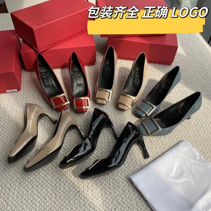 高版本RV方扣高跟鞋女2025新款羊漆皮粗跟中跟百搭方头浅口单鞋女|undefined