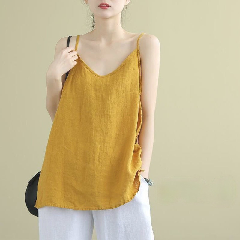 Vest Loose Linen Solid Color Base Summer New Cotton and Linen Style Top Sleeveless Commuting All-match Artistic Women's Sling Vest Loose Linen Solid Color Base Summer New Cotton and Linen Style Top Sleeveless Commuting All-match Artistic Women's Sling