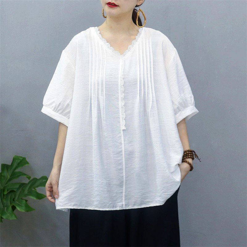 Summer Vintage-Style Tencel Cotton-Linen Blouse for Women, Solid Color V-Neck Shirt with Lace Trim, Tencel Cotton-Linen T-Shirt
