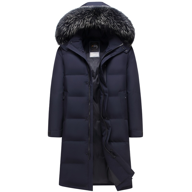 Men's Hooded Mid-Length Fur Collar Casual Thickened Simple Winter White Goose Down Warm Top/Coat