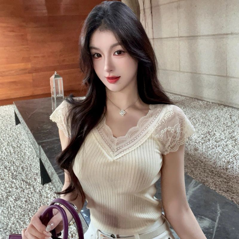 2026 New Summer Lace Trim V-Neck Knitted Short-Sleeve T-Shirt for Women, Thin and Slim-Fit Base Layer Top