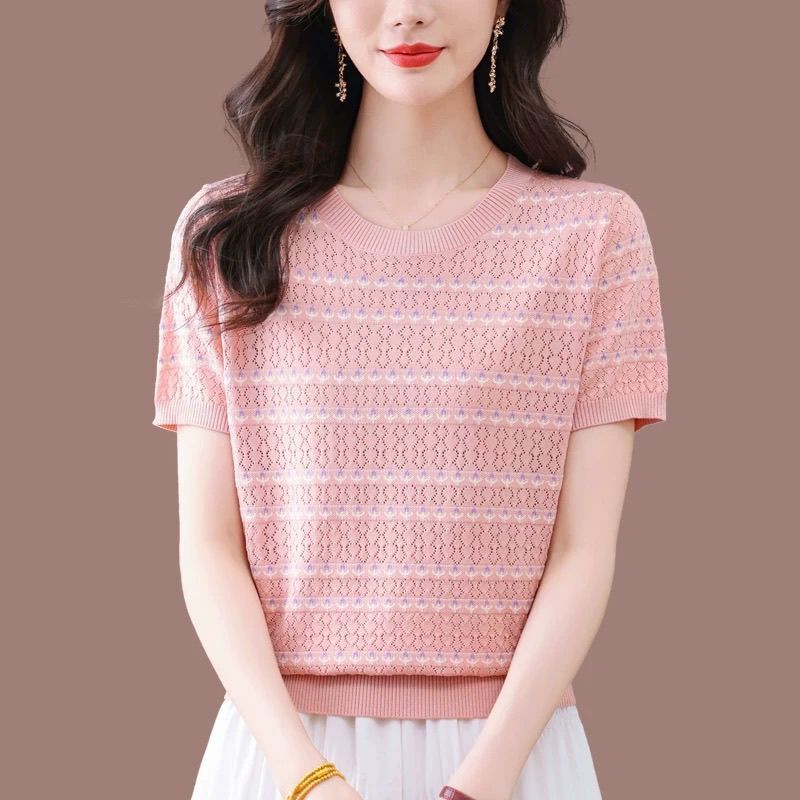 2025 新しい半袖 Tシャツルーズ痩身西洋スタイルママシャツ女性の夏のストライプジャカードアイスシルクセーター|undefined