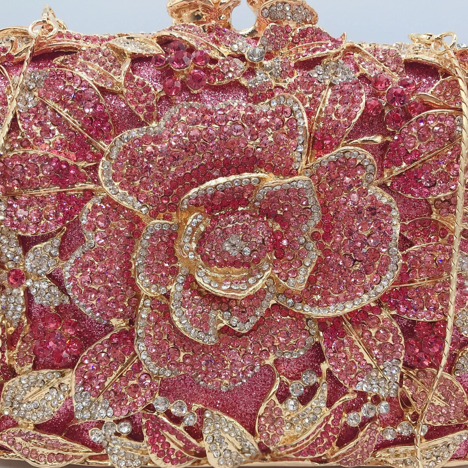 Bolso de cristal estricto pastel rosa con diamantes bolso de banquete bolso de diamantes perforado bolso de mano de mujer