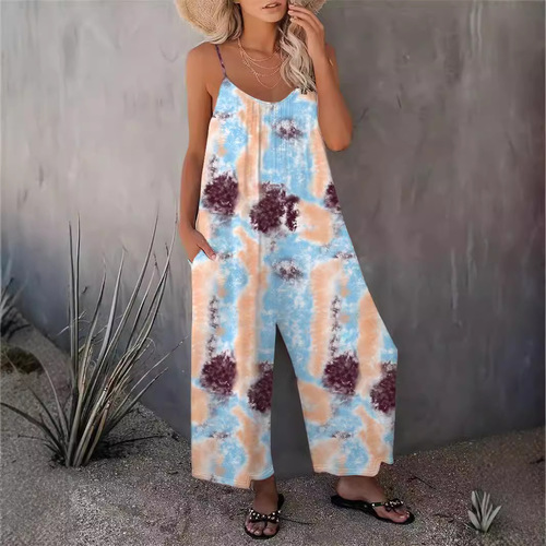 Women's Printed Sleeveless Bodysuit for Spring and Summer Fashion - Casual Long Pants with Bustier Top - One Size, Same Color